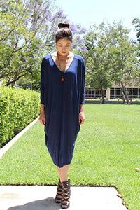 Deep Back Cut Out 3/4 Sleeve Blue Cocoon Style Dress