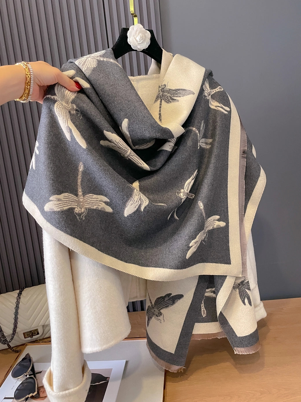Women's Shawl Wrap, Gray / Ivory Dragonflies Reversible Wrap