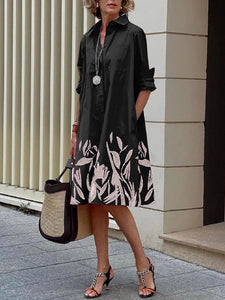 Women's Long Sleeved Midi Length Dress, with Leaves Print