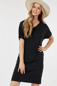 Black Brushed Rolled Short Sleeve V Neck Women's Dress