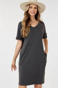 Grey Color, Brushed Rolled Short Sleeve V Neck Dress With Pockets