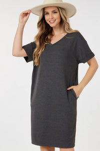 Grey Color, Brushed Rolled Short Sleeve V Neck Dress With Pockets