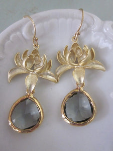 Sterling Silver with Gold Plated, Smoky Quartz Gray Earrings Gold Blossoms