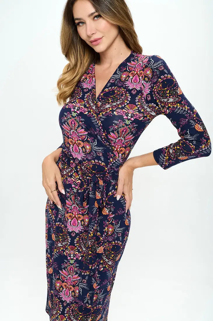 Navy/Pink Floral Print V Neck Jersey Women's Wrap Dress Large Navy/Pink Floral Print V Neck Jersey Women's Wrap Dress Large