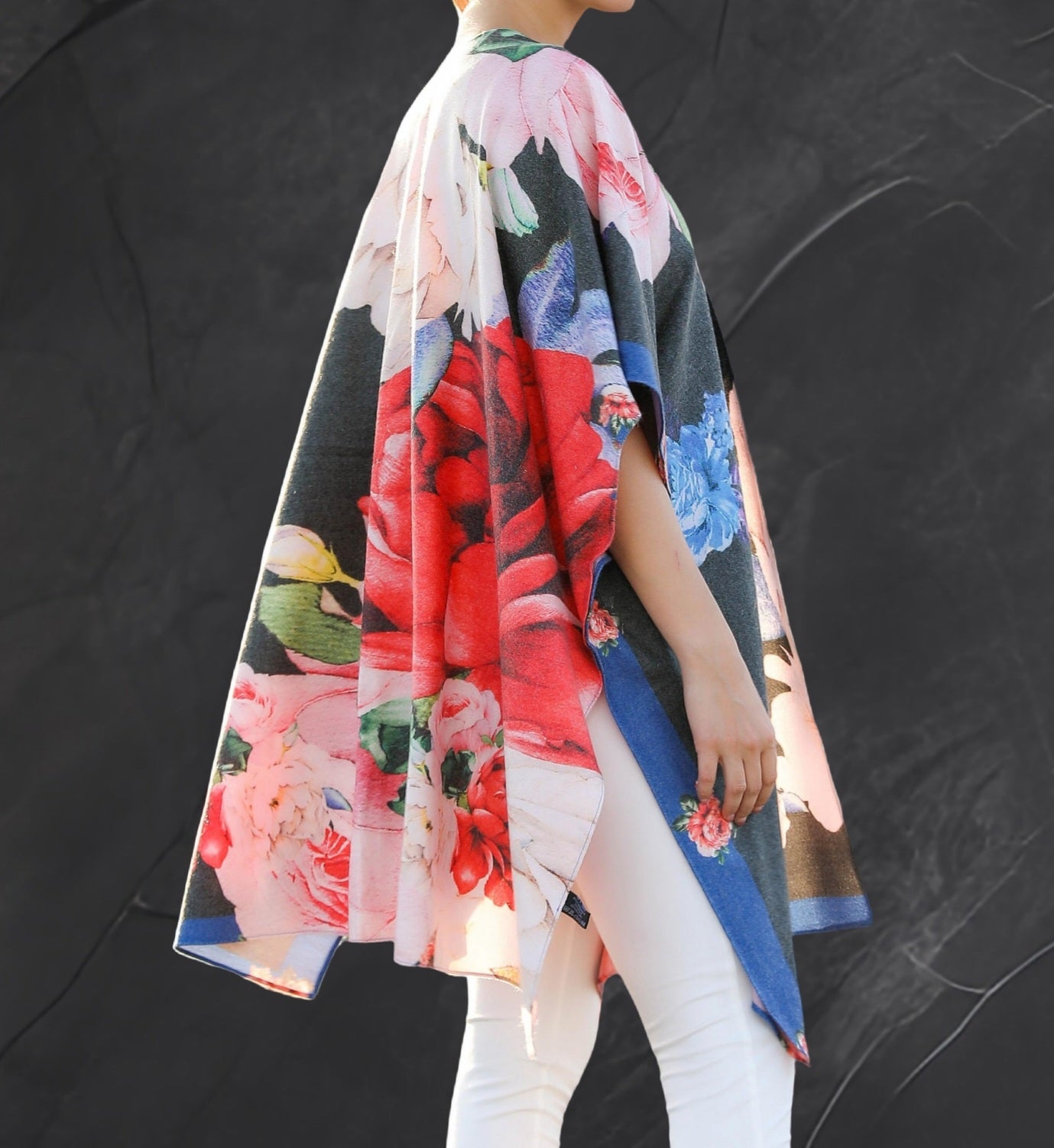 Cashmere Blend Peony Print, Ruana Shawl Wrap, Kimono Style