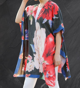 Cashmere Blend Peony Print, Ruana Shawl Wrap, Kimono Style