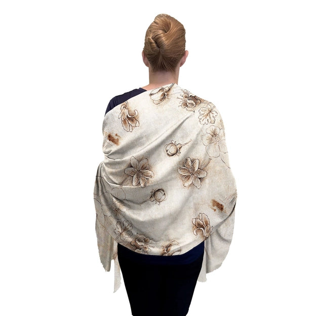 Women's Shawl Wrap Scarf, Fine Art Silk Blend Shawl Da Vinci Flower Study