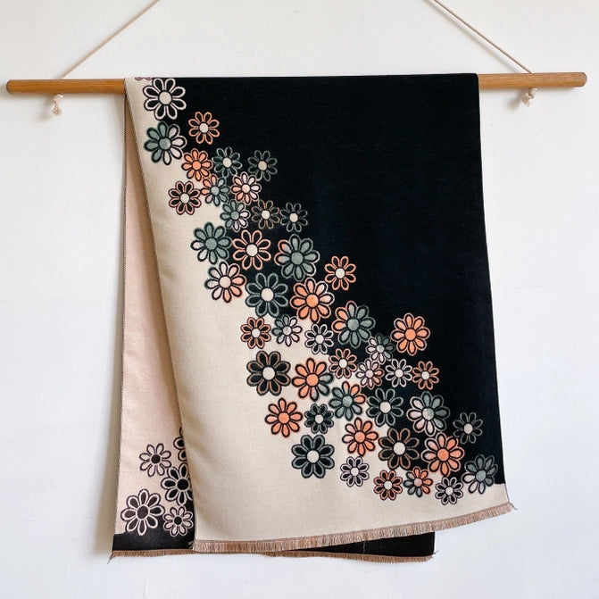 Women's  Shawl Wrap, Reversible, With A Floral Black/White Floral Design