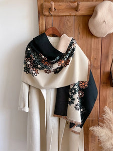 Women's  Shawl Wrap, Reversible, With A Floral Black/White Floral Design