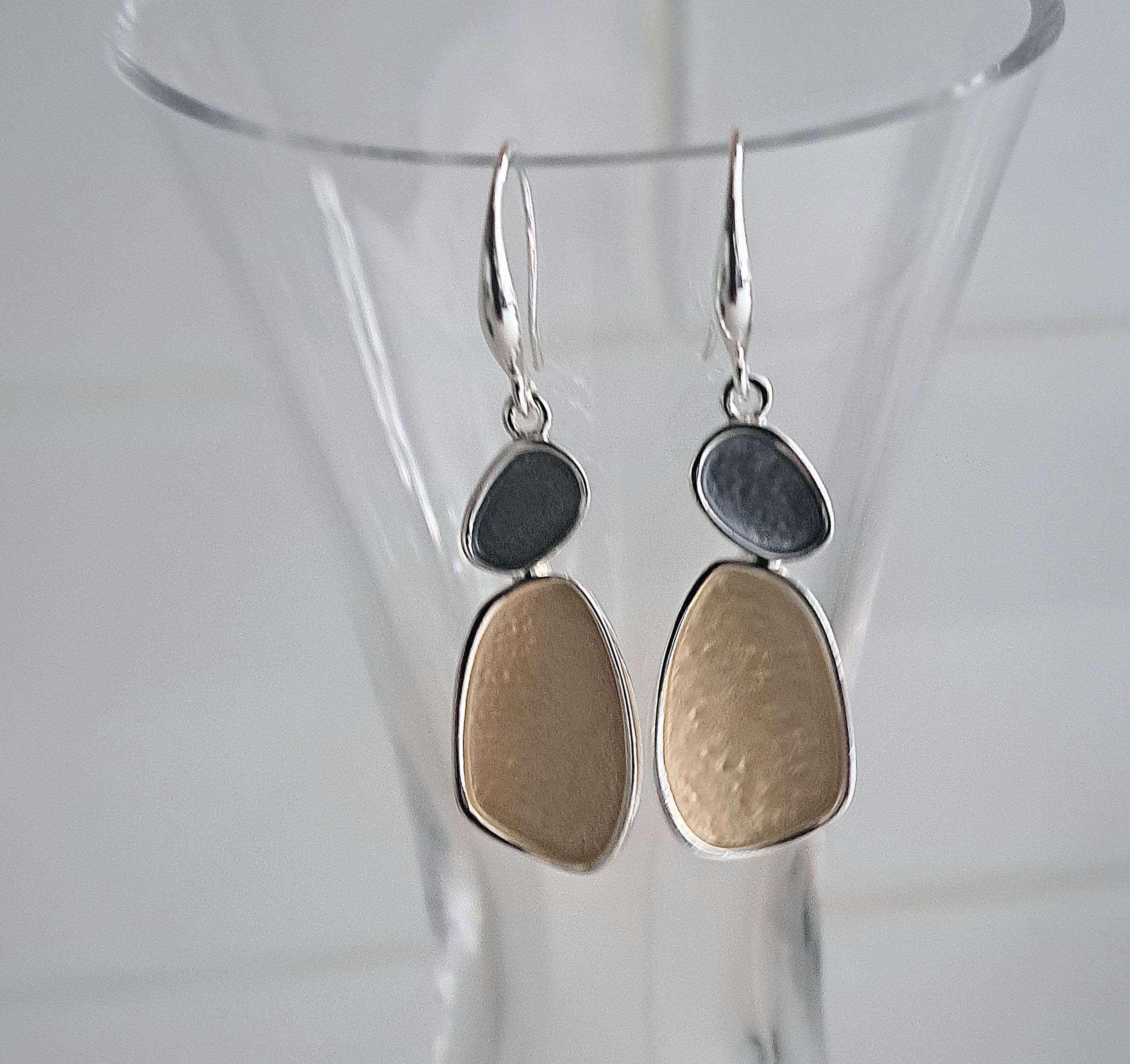 Gold and Grey Color Organic Shape Pebble Design Earrings