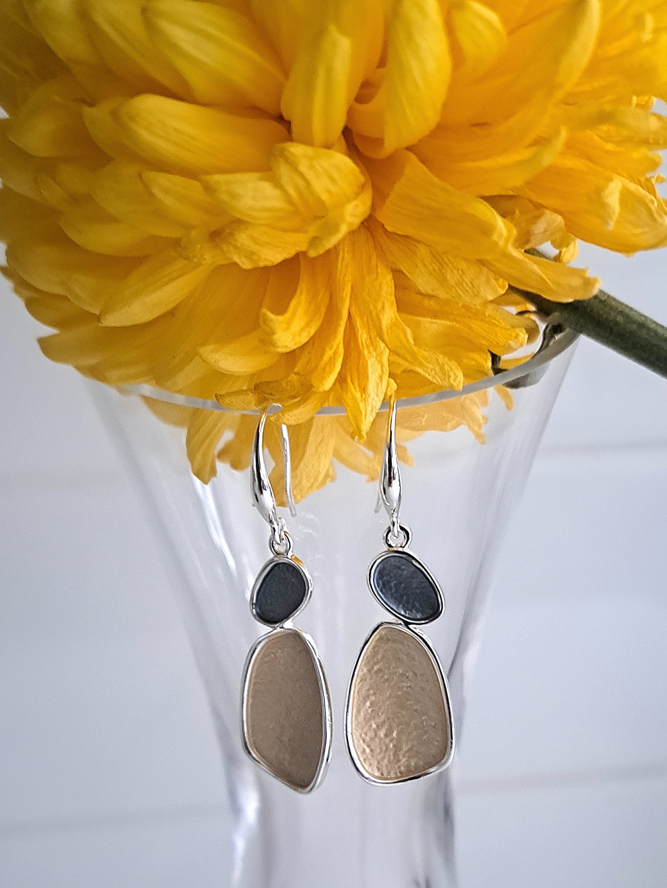 Gold and Grey Color Organic Shape Pebble Design Earrings