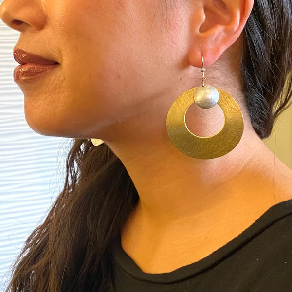Round Disc Mixed Metal Dangle Earrings from the SCULPTURAL Design