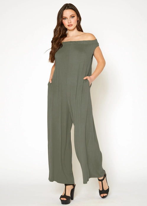 KNIT OFF SHOULDER WIDE LEG JUMPSUIT/Romper, Olive Green