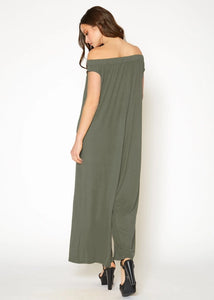 KNIT OFF SHOULDER WIDE LEG JUMPSUIT/Romper, Olive Green