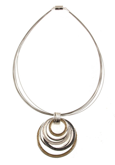 Circle Shape Gold/Silver/Pewter Combination Color Pendant Necklace with a Magnetic Closure