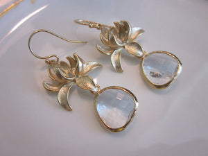 Clear Crystal Earrings with Gold Blossom Leaf