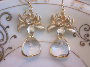 Clear Crystal Earrings with Gold Blossom Leaf