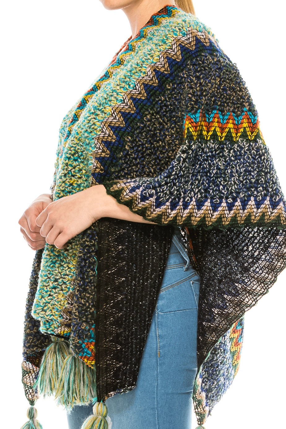 Navy & Green Women's Shawl Wrap Poncho