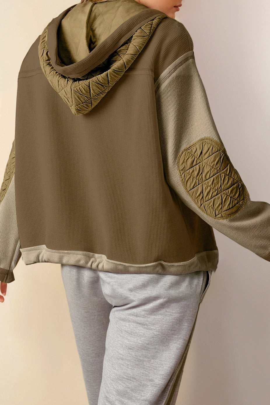 Women's Quilted Textured Patchwork Loose Fit Hooded Jacket/Top