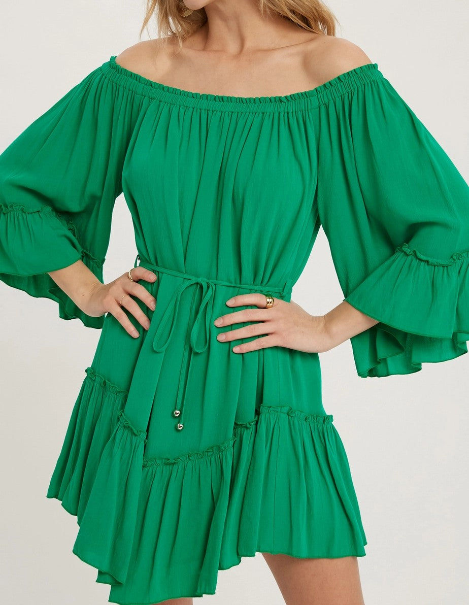 Ruffled Solid Emerald Green Off the Shoulder Boho Women's Dress Lavender Rose Boutiques Ruffled Solid Emerald Green Off the Shoulder Boho Women's Dress Lavender Rose Boutiques