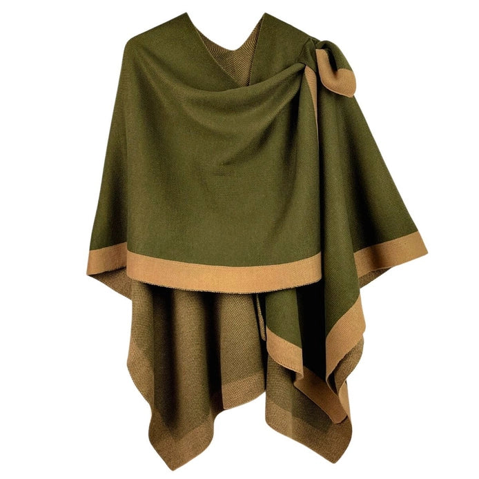 Olive Color with a Beige Border, Women's Ruana Shawl Wrap, Shoulder Strap