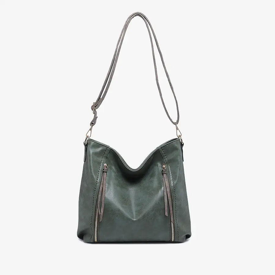 Women's Purses - Mina Distressed Hobo Bag/Tote Bag Olive Green Color
