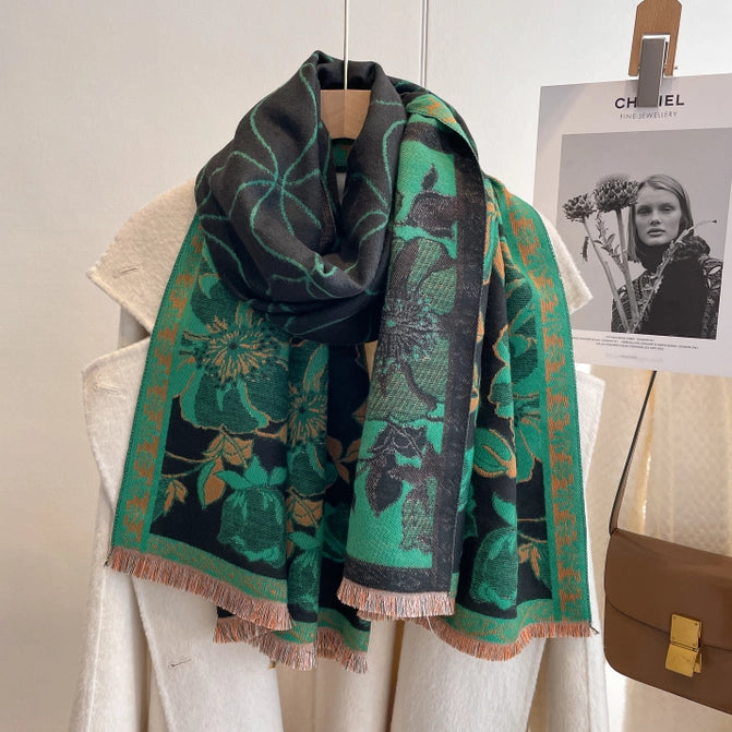 Women's Shawl Wrap, Reversible, With a Navy & Green Floral Print