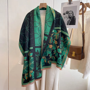 Women's Shawl Wrap, Reversible, With a Navy & Green Floral Print