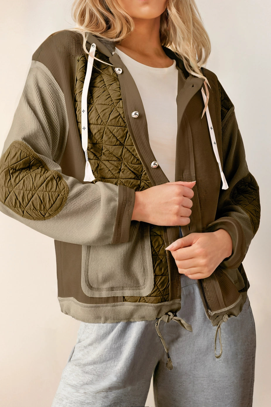 Women's Quilted Textured Patchwork Loose Fit Hooded Jacket/Top