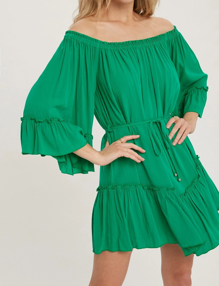 Ruffled Solid Emerald Green Off the Shoulder Boho Women's Dress Lavender Rose Boutiques Ruffled Solid Emerald Green Off the Shoulder Boho Women's Dress Lavender Rose Boutiques