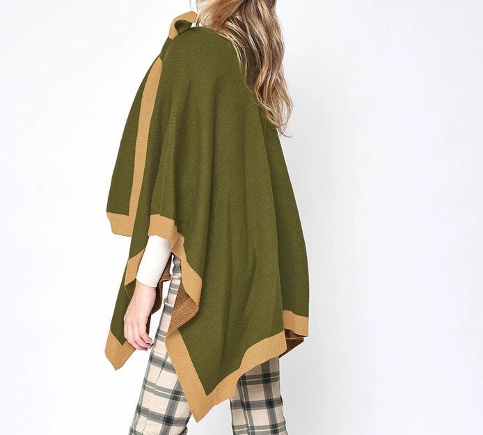 Olive Color with a Beige Border, Women's Ruana Shawl Wrap, Shoulder Strap