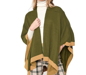 Olive Color with a Beige Border, Women's Ruana Shawl Wrap, Shoulder Strap