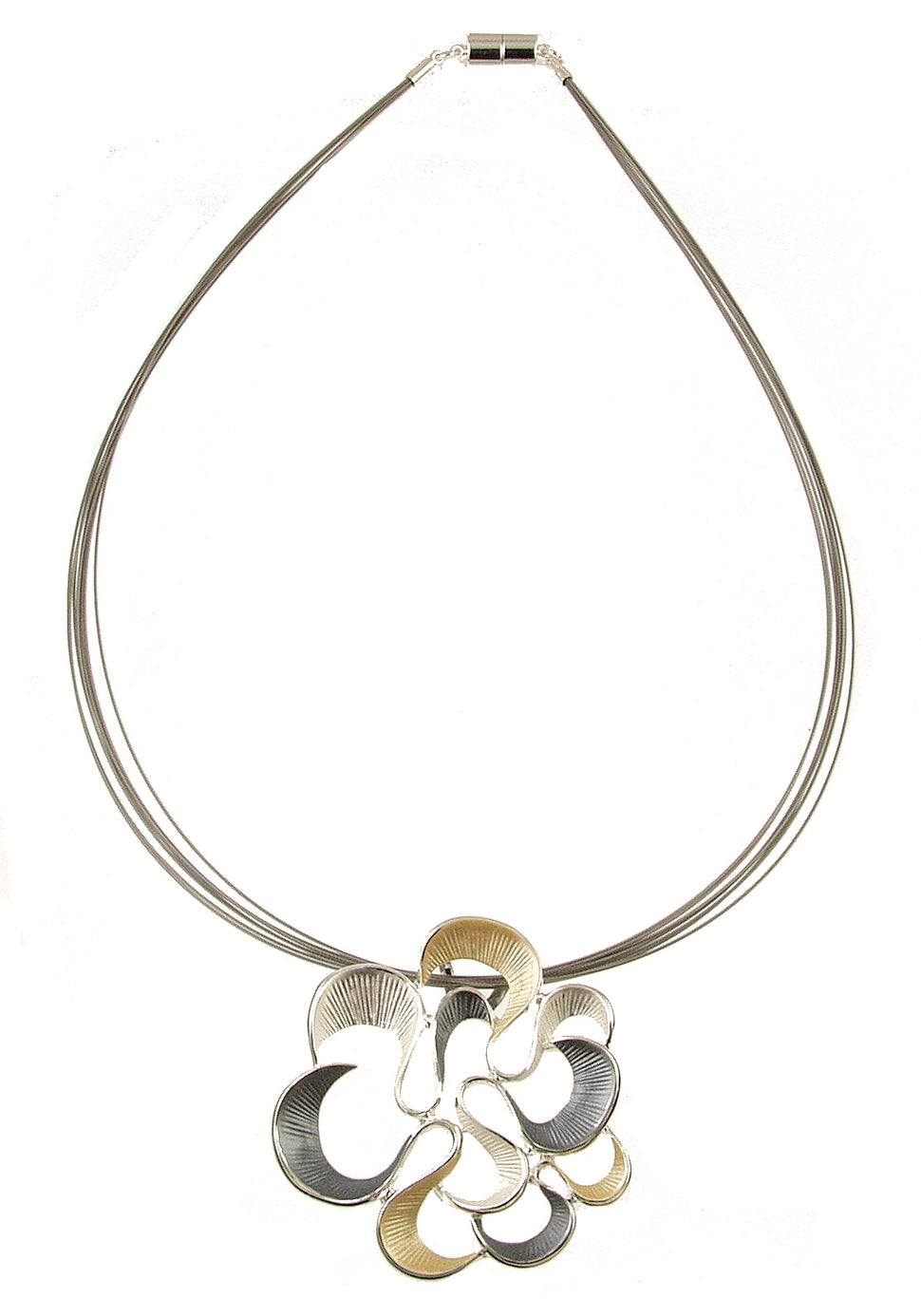 Twirling Bloom Flower Pendant Necklace Gold/White/Grey Combination Color with a Magnetic Clasp Closure