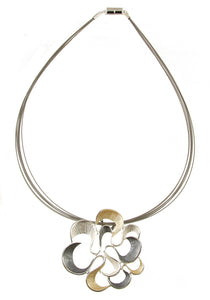 Twirling Bloom Flower Pendant Necklace Gold/White/Grey Combination Color with a Magnetic Clasp Closure