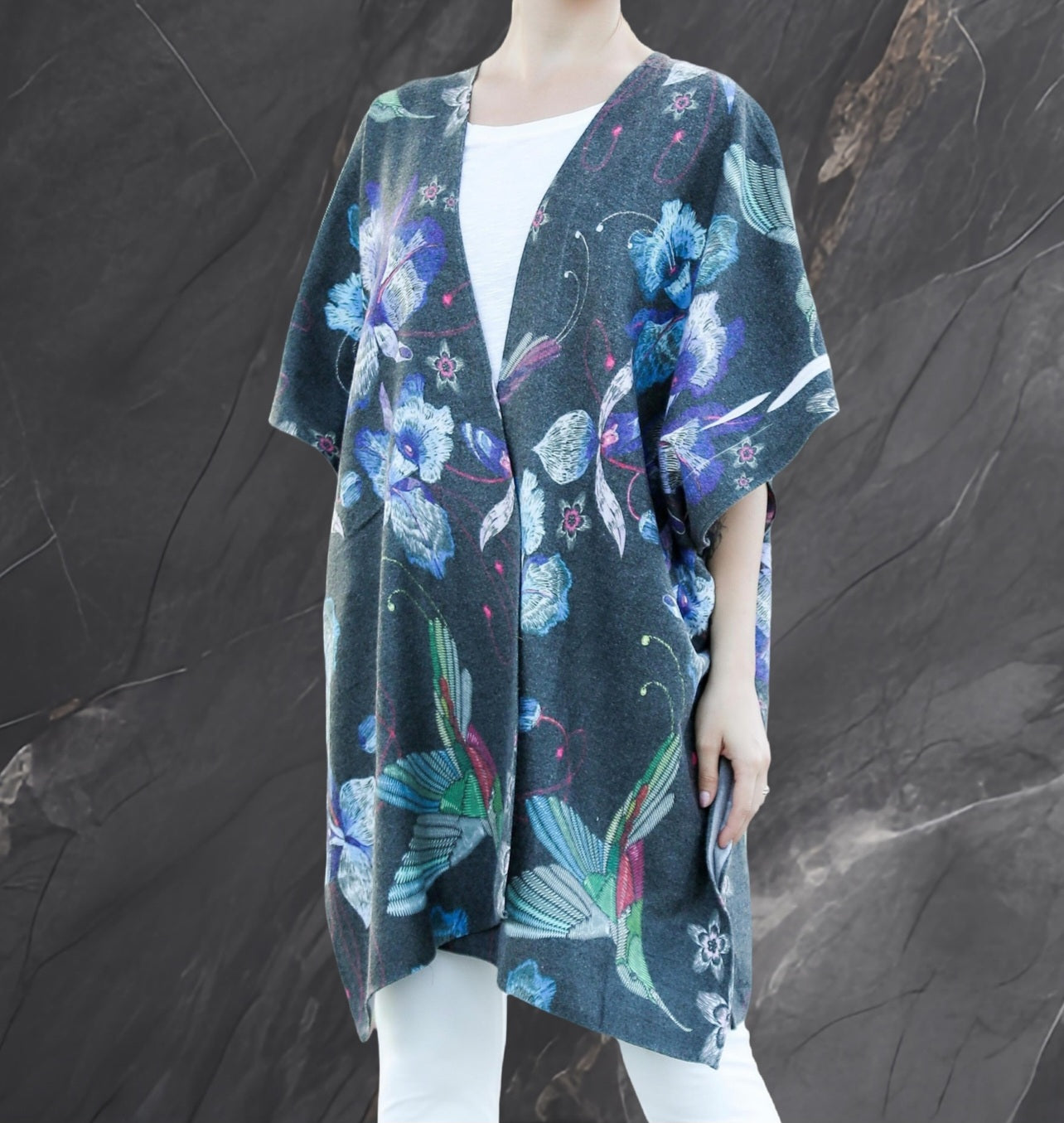 Cashmere Blend Hummingbird Ruana Shawl Wrap, Kimono Style