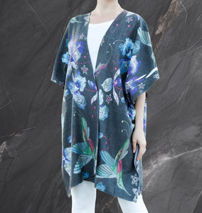 Cashmere Blend Hummingbird Ruana Shawl Wrap, Kimono Style