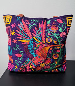 Embroidered Floral Hummingbird Large Suede Purse Tote Bag