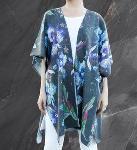 Cashmere Blend Hummingbird Ruana Shawl Wrap, Kimono Style