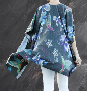 Cashmere Blend Hummingbird Ruana Shawl Wrap, Kimono Style