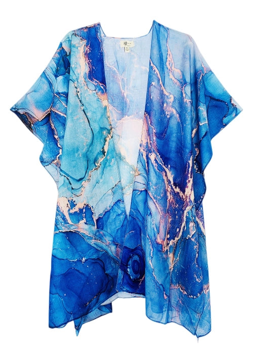 Blue - Pink Granite Swirl Print Print Women's Kimono