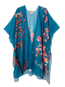 Teal and Red Cherry Blossom with Birds Kimono