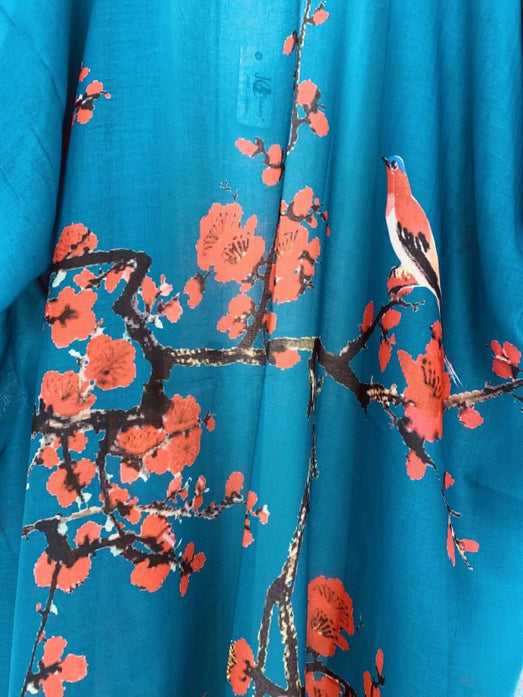 Teal and Red Cherry Blossom with Birds Kimono