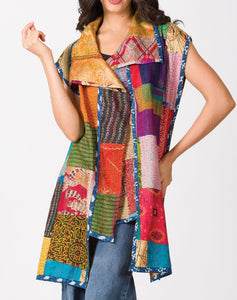 Women's Reversible Silk Kantha Vest/Kimono, Upcycled Sari Fabric