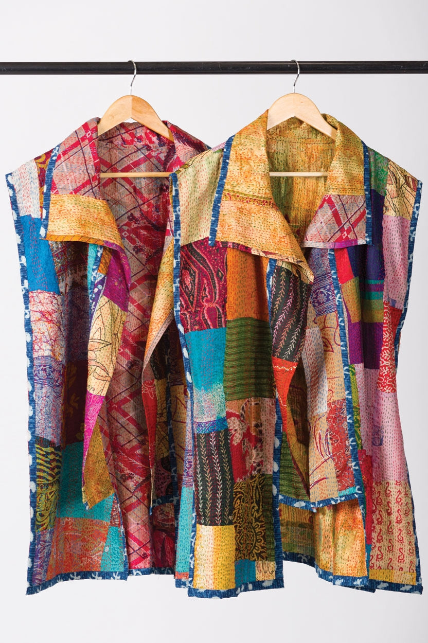 Women's Reversible Silk Kantha Vest/Kimono, Upcycled Sari Fabric