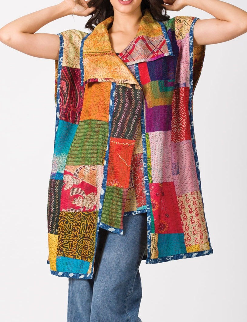 Women's Reversible Silk Kantha Vest/Kimono, Upcycled Sari Fabric