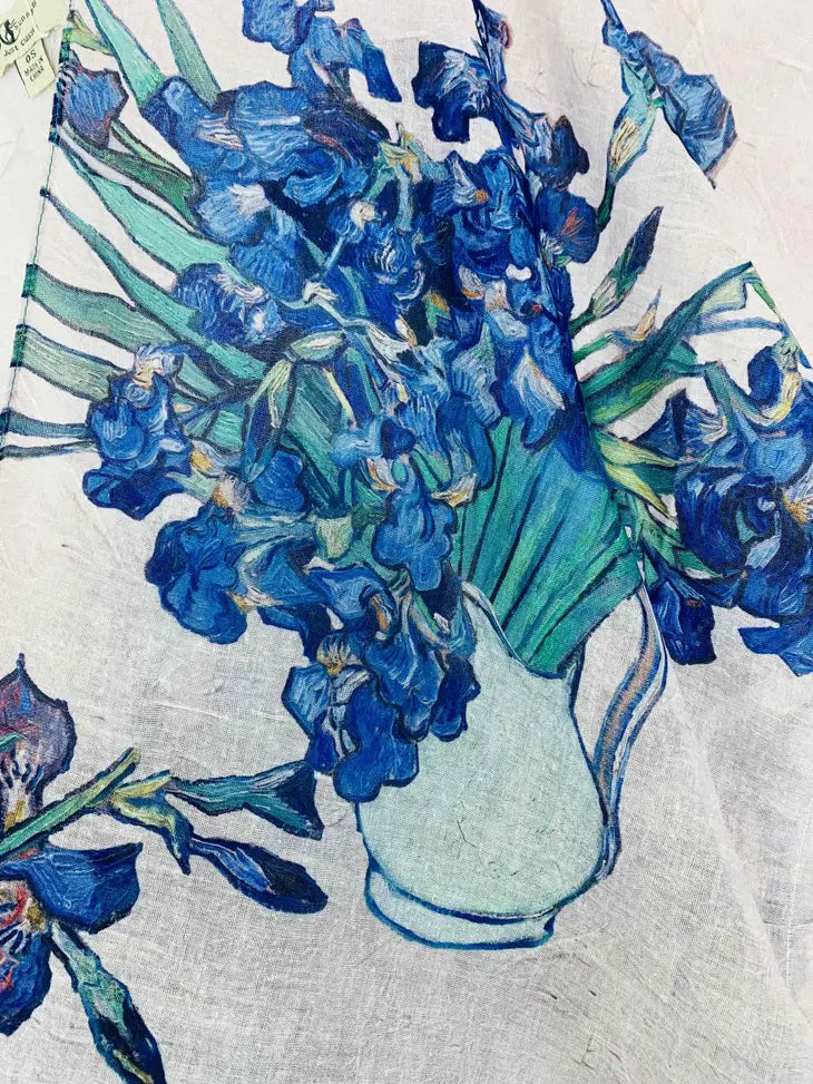 Beige - Blue Irises Print Kimono