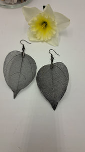 Pewter Grey Color Filigree Leaf Drop Earrings