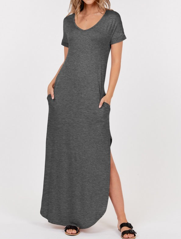 Short Sleeve Scoop Neck Maxi Dress with Side Slits and Side Pockets