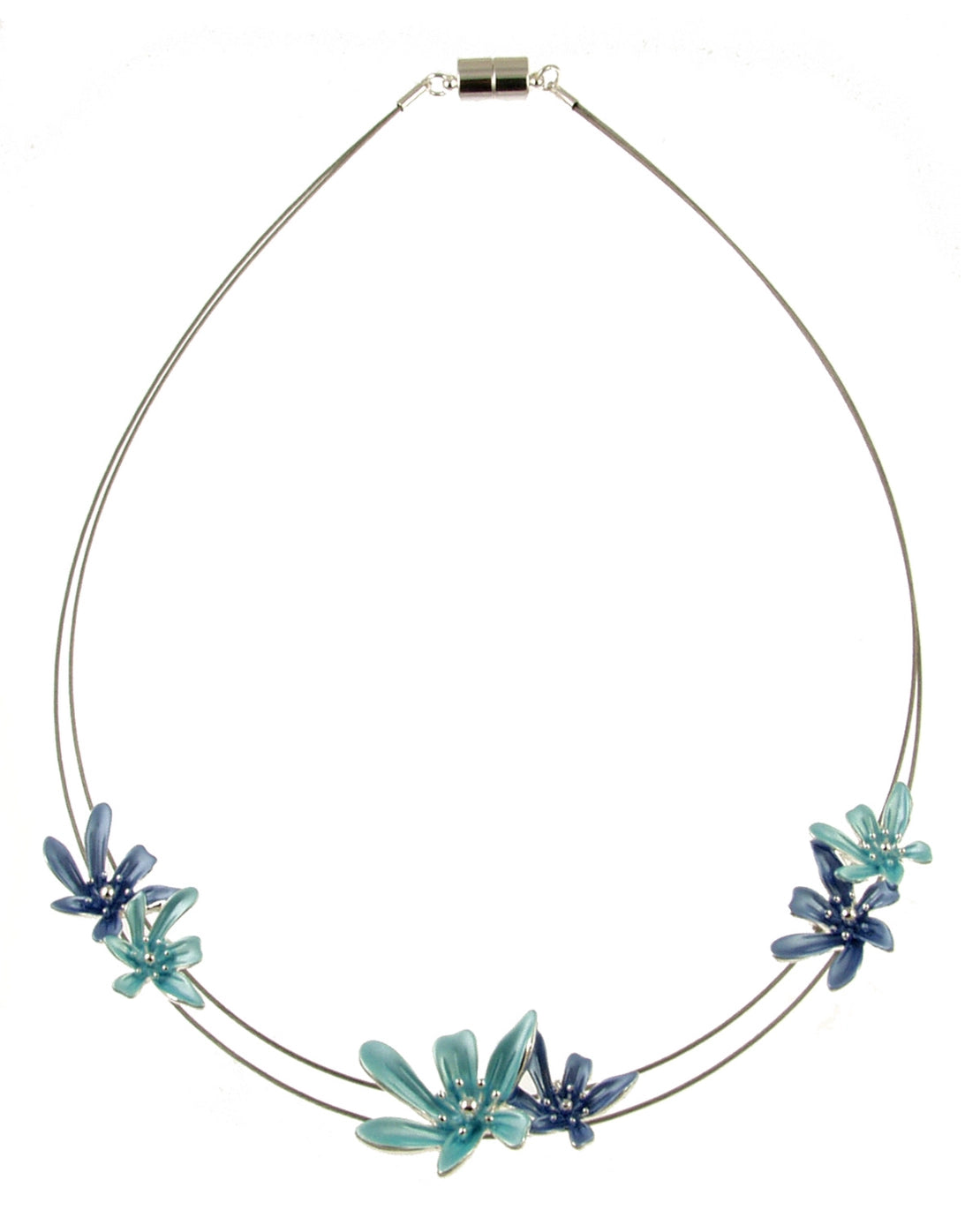 Floating Floral Necklace with Blue Tones and a Magnetic Clasp Closure