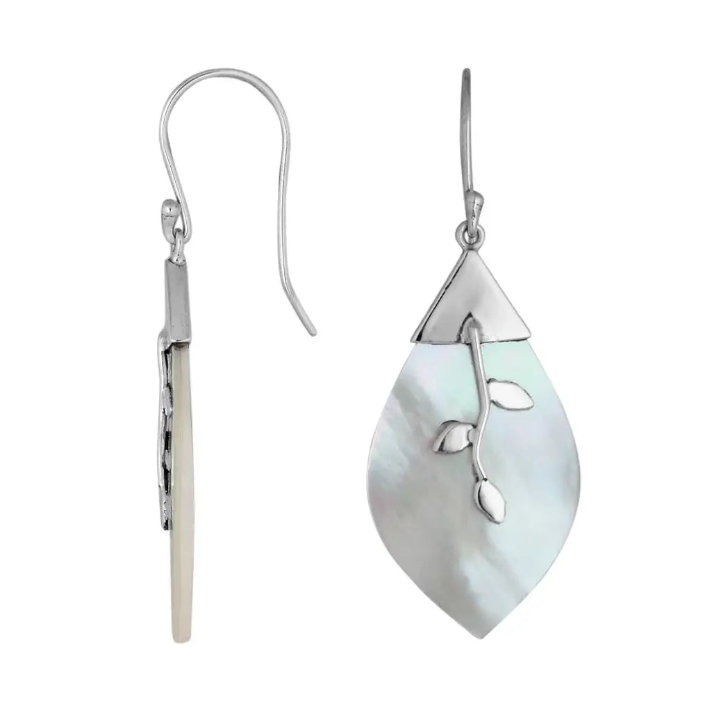 Mother of Pearl with Sterling Silver, Leaf Shape Drop Earrings